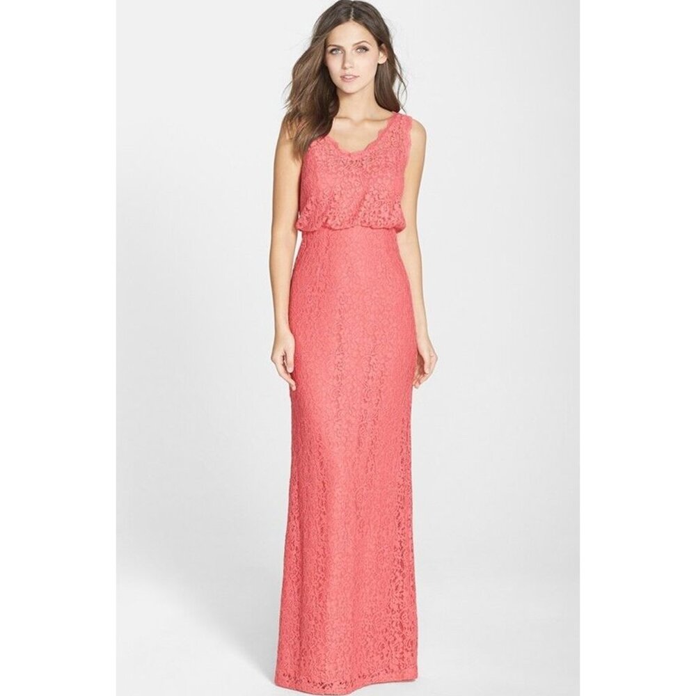 $280 ADRIANNA PAPEL Floral Lace Blouson Column Gown flamingo coral 2